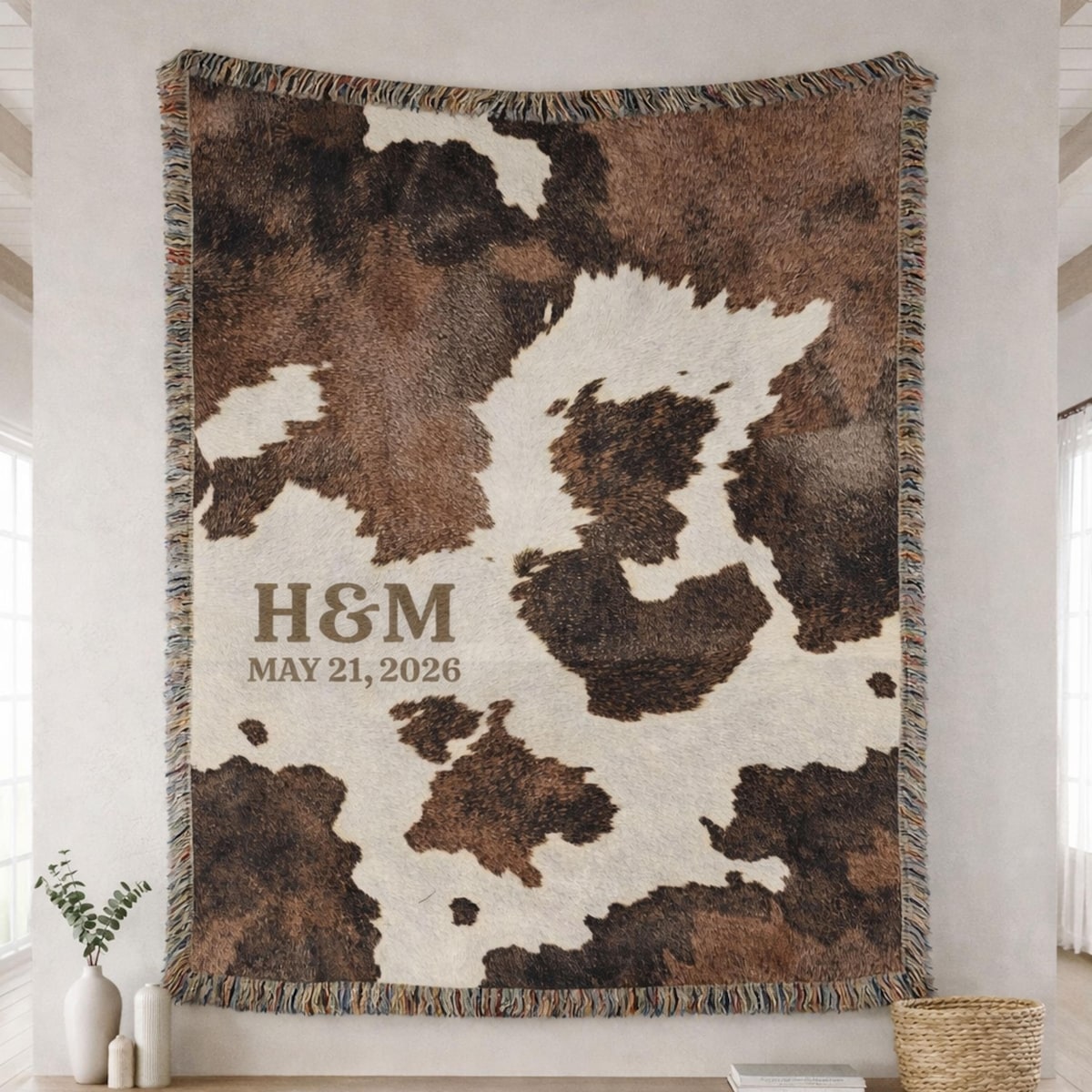 Personalized Western Woven Wedding Blanket with Initial Date Cow Print Rustic Wedding Gift Cowboy Cowgirl First Anniversary Home Decor Throw