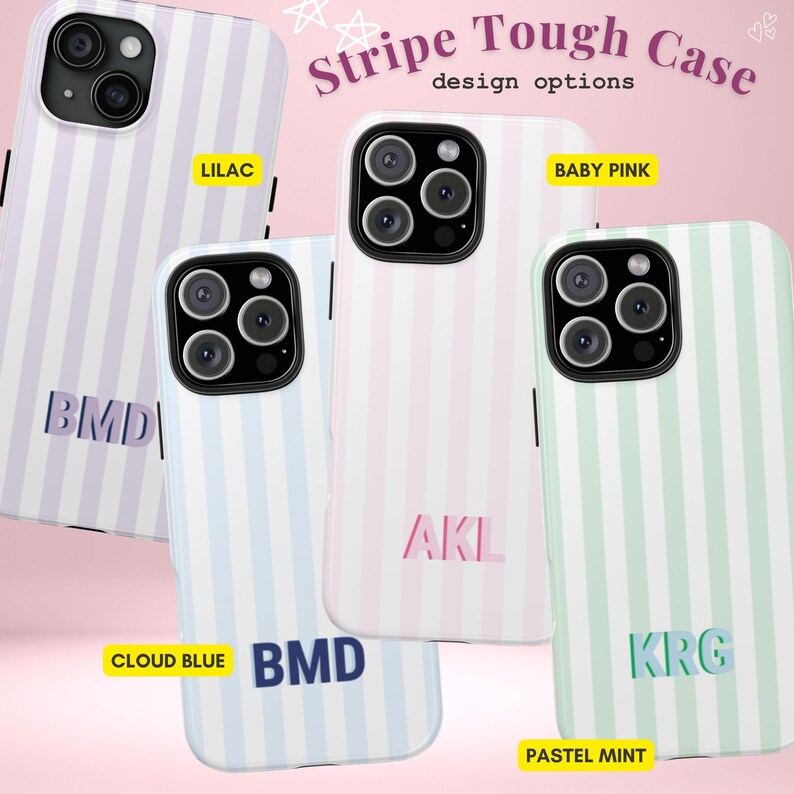 Monogram Initials Case for iPhone 17 16 15 14 Pro Max Shadow Monogram Tough Phone Case Custom Teen Summer Retro Striped Cover with Initial image 3