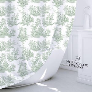 Green French Toile Shower Curtain Farmhouse Bathroom Vintage Print French Countryside Classic Pattern Guest Bathroom Home Decor Elegant Gift