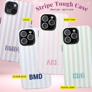 Custom monogrammed iPhone case with aesthetic stripe design, summer beach-inspired preppy phone case. Personalized phone cover featuring shadow monogram in bold, modern font. Great gift for birthdays, graduation, or just because. Durable and cute striped phone case for iPhone, perfect for girls, teens, and women who love coastal decor and classic preppy accessories. A must-have beachy phone case for summer.