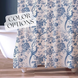 Cortina de ducha azul Cortina de baño Toile francés Estampado de bloques Chinoiserie Decoración rústica francesa azul marino Toile de pájaros Toile floral para baño