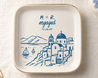Custom Greece Engagement Ring Dish Personalized Greek Bridal Shower Gift Bride to Be Jewelry Tray Santorini Wedding Greece Bachelorette Gift