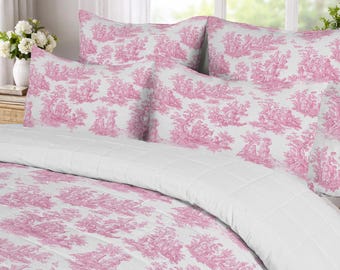 French Toile Duvet Cover Chinoiserie Preppy Pink White Bedding Set Coquette Toile Decor Grandmillenial Girl Gift Decor Guest Room Bedding
