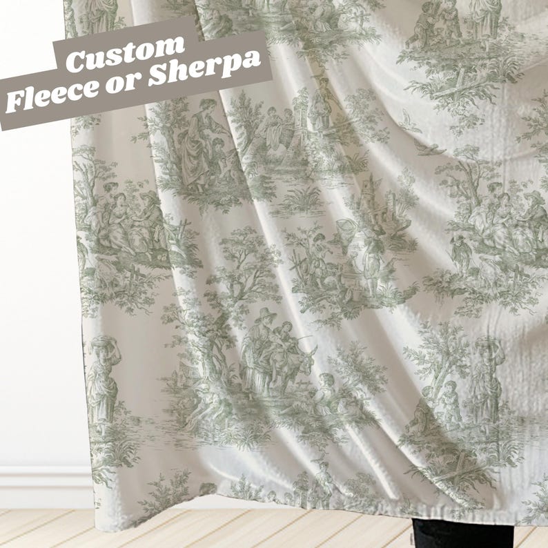 Green French Toile De Jouy Blanket Fleece Sherpa Throw Cozy Home Decor