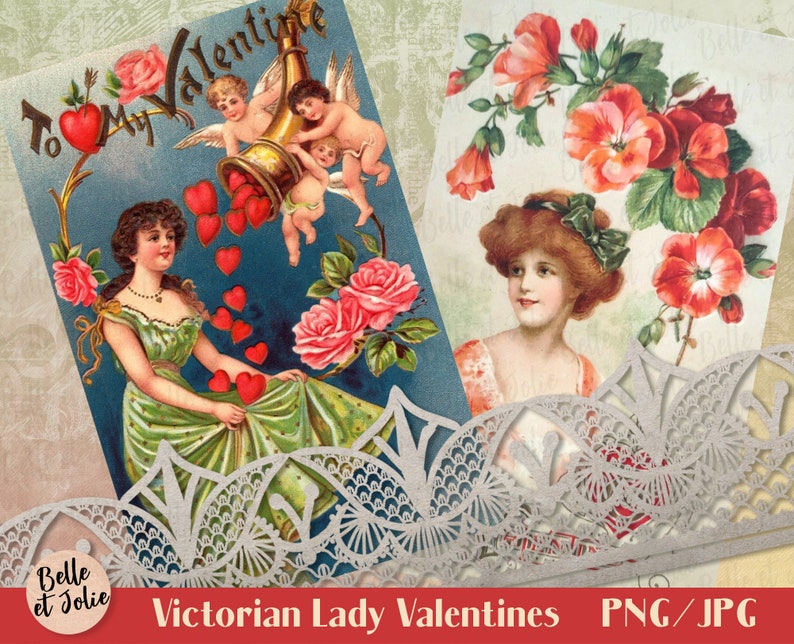 Victorian Lady Valentine Cards, Vintage Valentine, Vintage Ephemera, Printable Vintage Valentine Cards, Valentine Digital Collage Sheet image 4