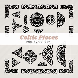 May include: A collection of black Celtic knot designs in various shapes and sizes, including borders, corners, and circular patterns. The text "Celtic Pieces" is displayed in a stylized font, along with "PNG, SVG #11222".