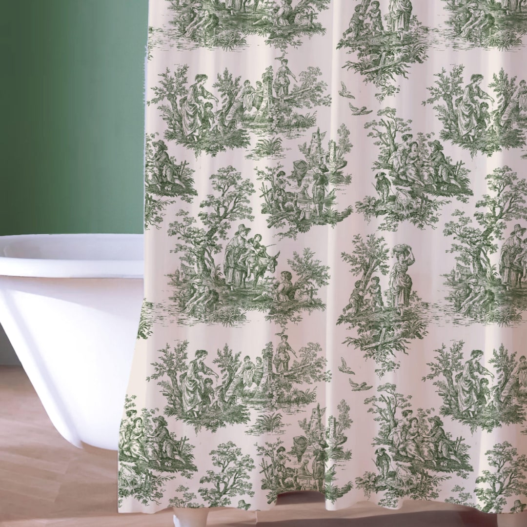 Green French Toile Shower Curtain Farmhouse Bathroom Vintage Print