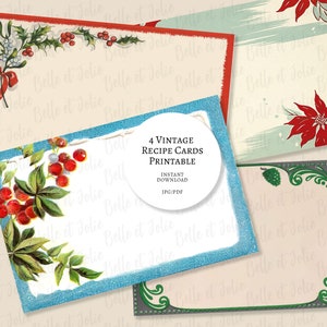 4 Vintage Christmas Recipe Cards Printable, Christmas Frame, Retro Christmas Recipe, xmas Digital Download, Holiday Recipe Card, Xmas Border