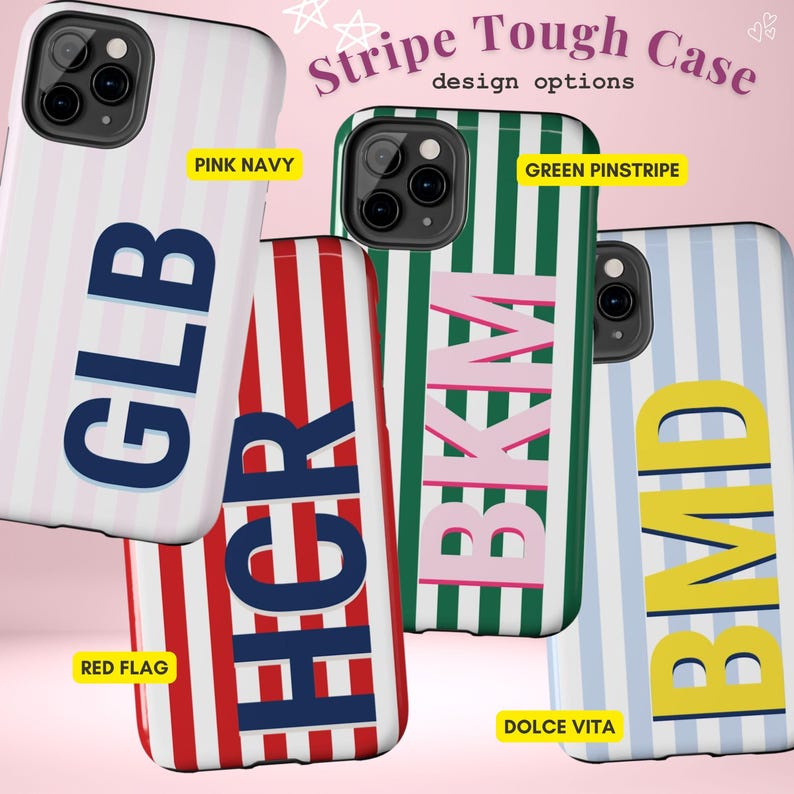 Może przedstawiać: Kolekcja etui na telefony Stripe Tough Case z r&oacute;żnymi wzorami w paski. Etui mają pionowe paski w kolorze r&oacute;żowym i granatowym, zielone prążki, czerwono-białe oraz jasnoniebiesko-białe. Każde etui wyświetla pogrubione, wielkie litery w kontrastujących kolorach.