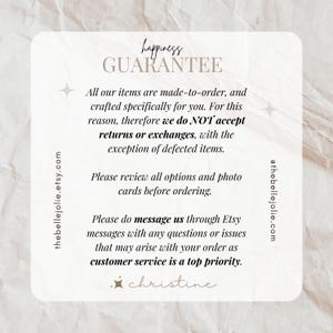 May include: A square card with a light beige background features the text "happiness GUARANTEE" in a stylized font. The card includes text about made-to-order items, returns, and customer service, along with the Etsy shop URL and the shop owner's signature.