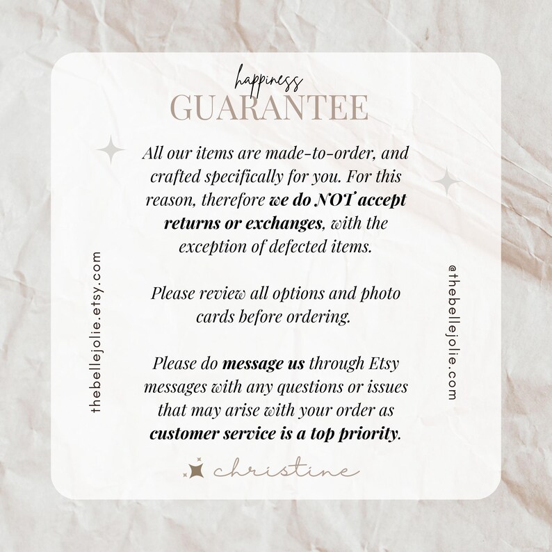 May include: A square card with a light beige background features the text "happiness GUARANTEE" in a stylized font. The card includes text about made-to-order items, returns, and customer service, along with the Etsy shop URL and the shop owner's signature.
