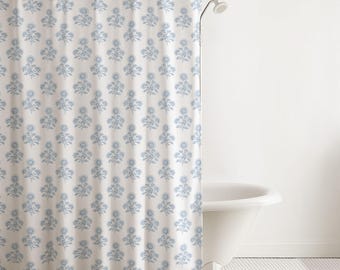 Block Print Floral Shower Curtain Modern Rustic Farmhouse Bathroom Decor Bath Curtain Guest Ensuite Bath French Country Floral Block Print