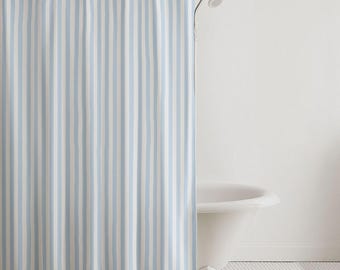 Blue Shower Curtain Cotton Stripe Blue White Coastal Living Cottage Decor Preppy Minimal Bathroom Decor Cottagecore Retro Striped Farmhouse