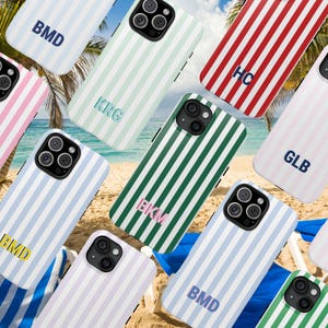 Personalized striped phone case with custom shadow monogram, preppy summer iPhone case in coastal beachy colors. Aesthetic and stylish phone case for iPhone users who love personalized accessories, beach vibes, and preppy fashion. Ideal for gifts, back to school, or summer essentials. Coastal monogrammed phone case with trendy stripes, perfect for teens, college students, and coastal grandmillennial style lovers.
