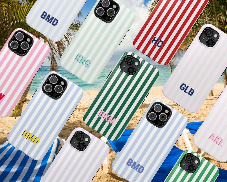 Personalized striped phone case with custom shadow monogram, preppy summer iPhone case in coastal beachy colors. Aesthetic and stylish phone case for iPhone users who love personalized accessories, beach vibes, and preppy fashion. Ideal for gifts, back to school, or summer essentials. Coastal monogrammed phone case with trendy stripes, perfect for teens, college students, and coastal grandmillennial style lovers.