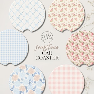 May include: A collection of soapstone car coasters with various patterns. Designs include light blue lattice, pink floral, light blue gingham, pink and white gingham, and floral patterns. The text "soapstone car coaster" is in the center.