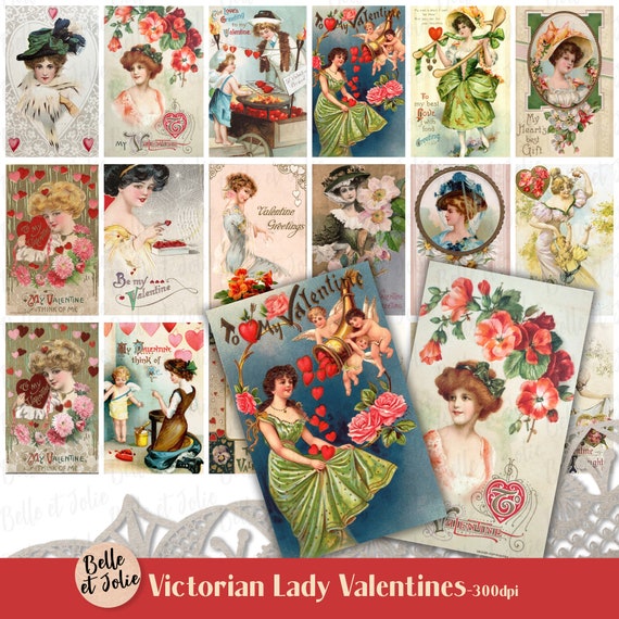 Victorian Lady Valentine Cards, Vintage Valentine, Vintage Ephemera,  Printable Vintage Valentine Cards, Valentine Digital Collage Sheet 