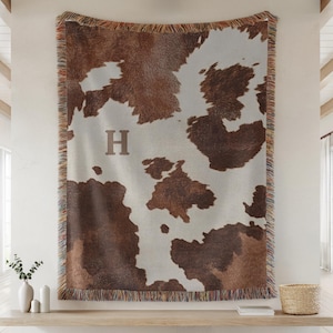 Faux Cowhide Monogram Woven Blanket Personalized Western Name Throw Cow Print Ranch Decor Wedding Photo Prop Anniversary Gift Horse Lover