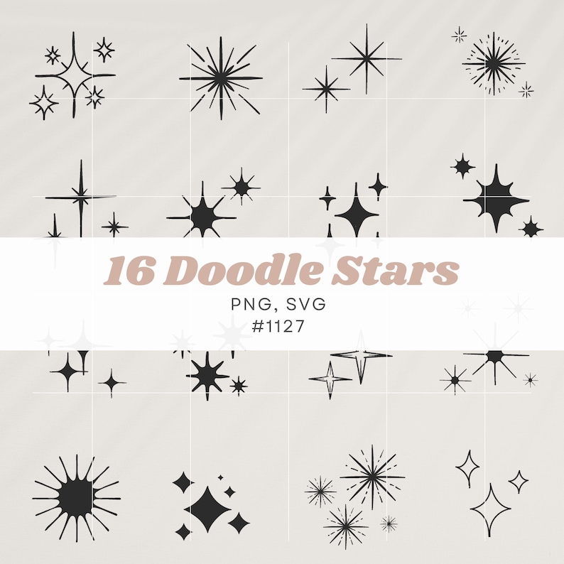 A set of vector hand-drawn star-inspired sketch elements and design motifs in SVG and PNG formats. Includes simple line art doodles and whimsical accents perfect for use in planners, printable designs, DIY craft projects, and scrapbooking. Ideal for artists and crafters looking to add a touch of hand-drawn charm to their digital or physical creations.