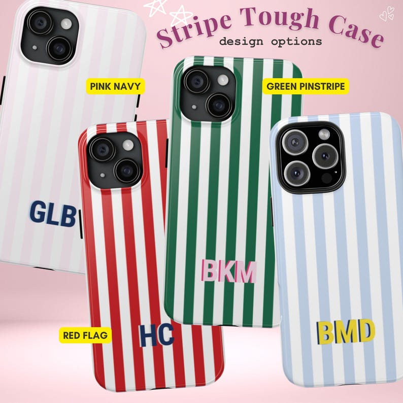 Monogram Initials Case for iPhone 17 16 15 14 Pro Max Shadow Monogram Tough Phone Case Custom Teen Summer Retro Striped Cover with Initial image 2