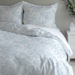 Powder Blue Toile Duvet Cover Floral French Country Bedding Set Bed Spread Grandmillennial Decor LoveShackFancy Comforter Gift Girl Birthday