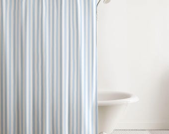 Cotton Stripe Shower Curtain Pastel Blue White Cottage Bath Decor Chic Preppy Spring Bathroom Decor Cottagecore Coastal Living Minimal