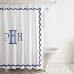 Custom Monogram Shower Curtain for Girl Coquette Bathroom Decor Girly Wavy Monogrammed Personalized Preppy Teen College Dorm Closet Curtain