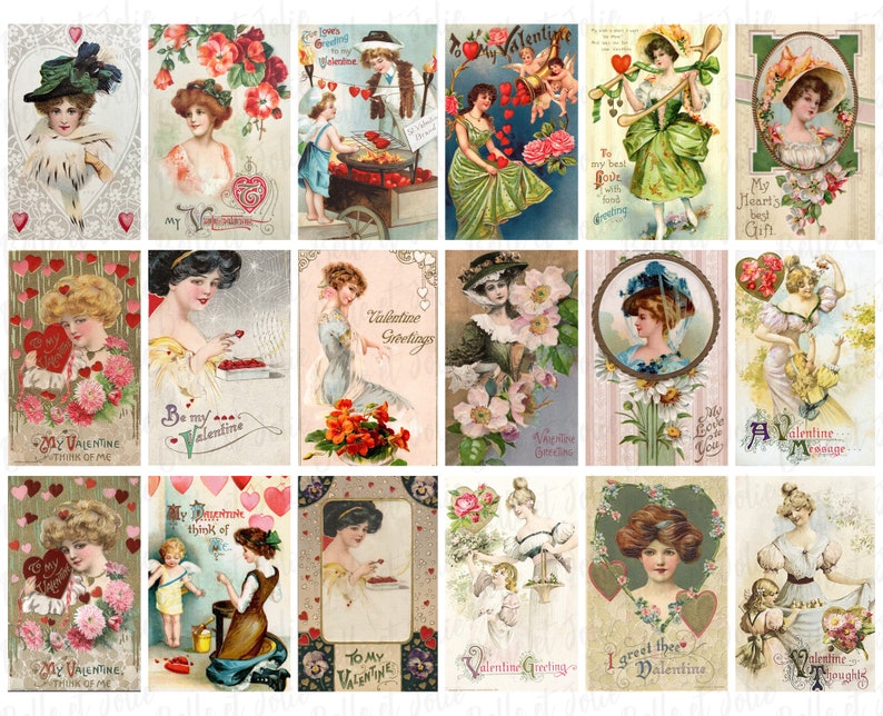 Victorian Lady Valentine Cards, Vintage Valentine, Vintage Ephemera, Printable Vintage Valentine Cards, Valentine Digital Collage Sheet image 3