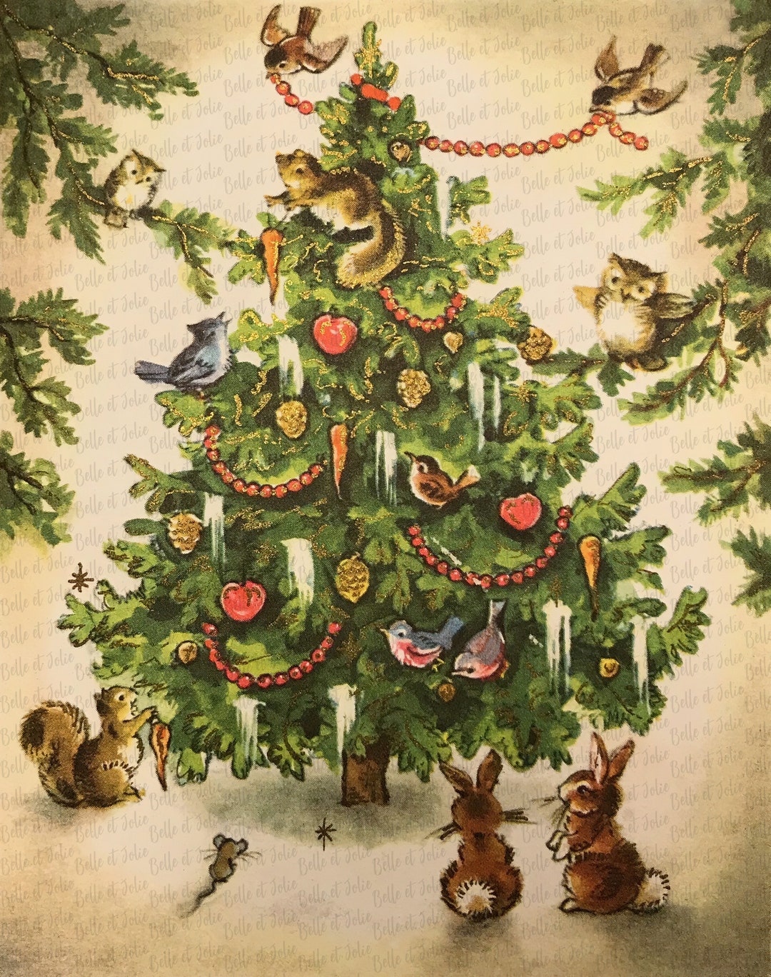 10x13 Vintage Christmas Tree Decorated by Animals, Christmas Tree Wood