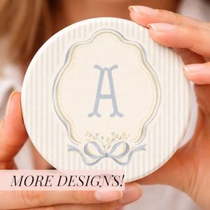 Monogram Car Coaster, Floral Coquette Personalized Initial Cup Holder, Grandmillennial Preppy Crest Design, Absorbent Soapstone Gift for Her