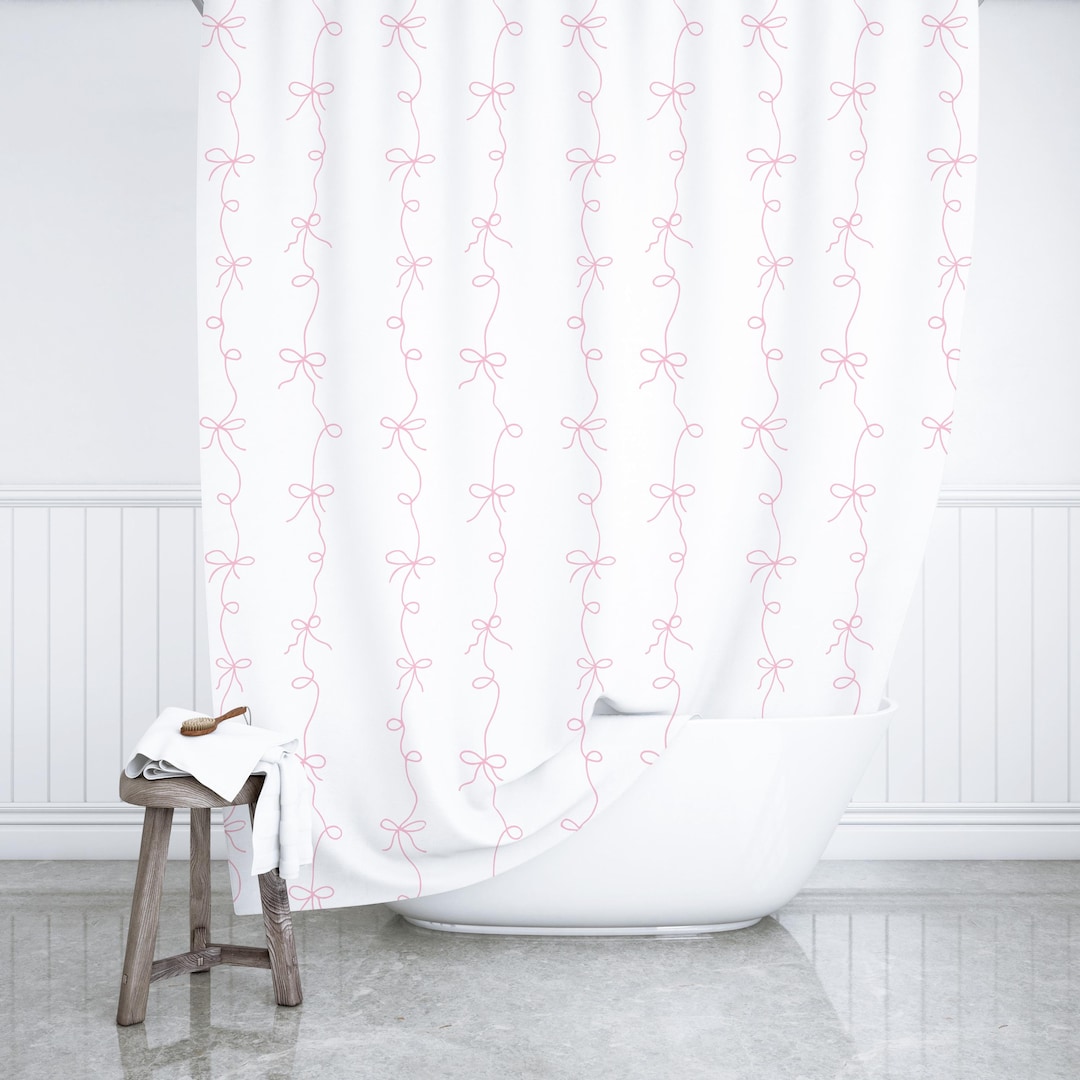 Baby Pink Bow Shower Curtain Set Coquette Decor White String Bow Gift