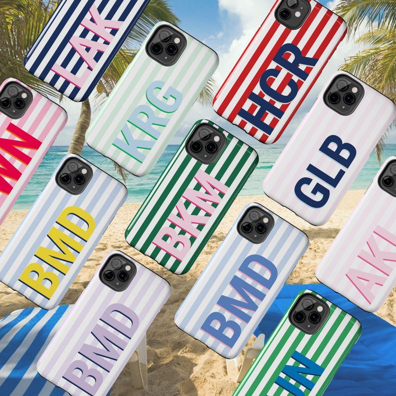 Personalized phone cover with custom monogram initials and pastel pink shadow font design, featuring vertical retro stripe pattern in soft pink and white tones. This chic tough phone case fits multiple iPhone models including iPhone 16, iPhone 15, iPhone 14, and iPhone 13. Ideal as a gift for friends, sisters, or yourself. Perfect for adding a unique touch to your device with a stylish preppy summer vibe. Customize with your favorite colors and initials for a one-of-a-kind look.
