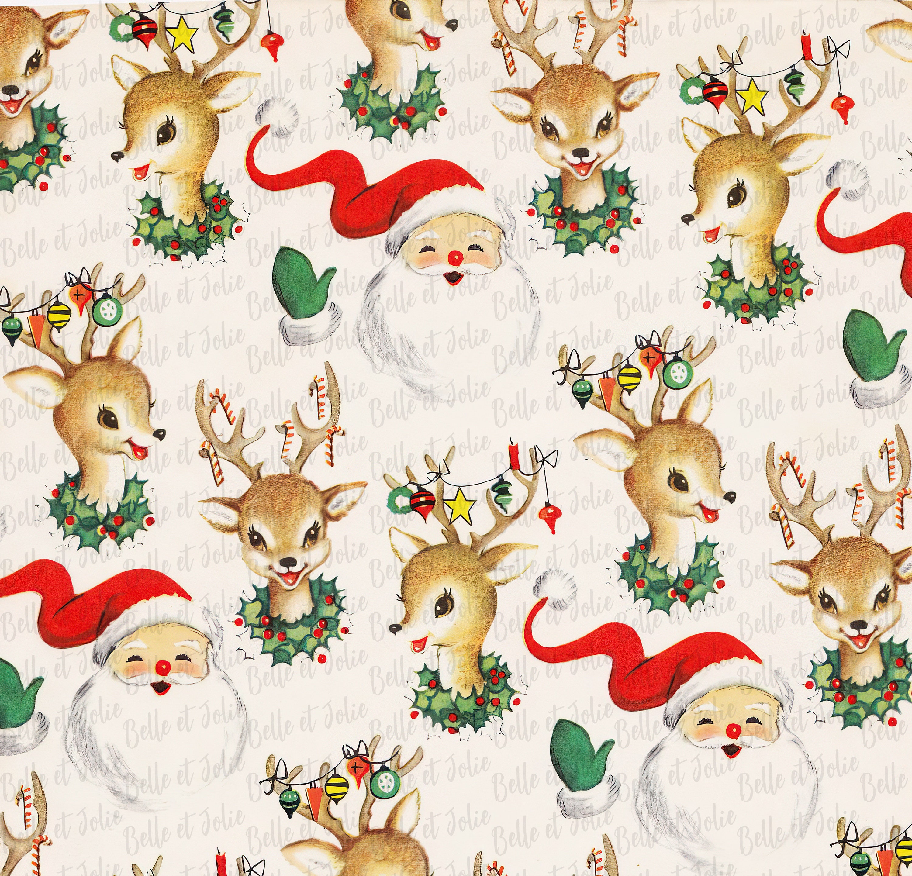 Printable Wrapping Paper, Christmas Gift Wrap, Holiday Digital Paper, 1940 Retro  Vintage Christmas Paper, Digital Image Print Reindeer Wrap 