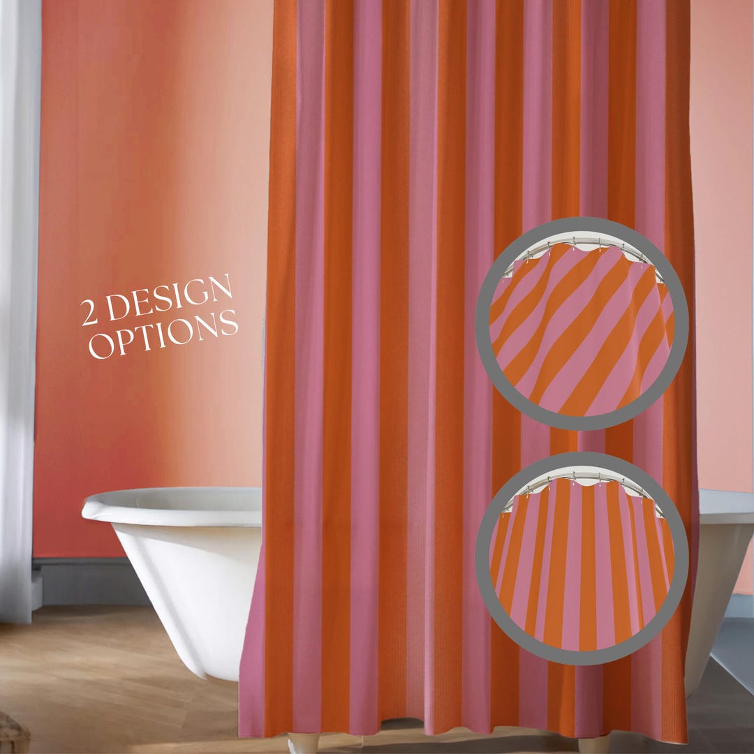 Pink Striped Shower Curtain Set Cute Modern Bath Shower Curtain for Preppy Guest Bathroom Retro ...