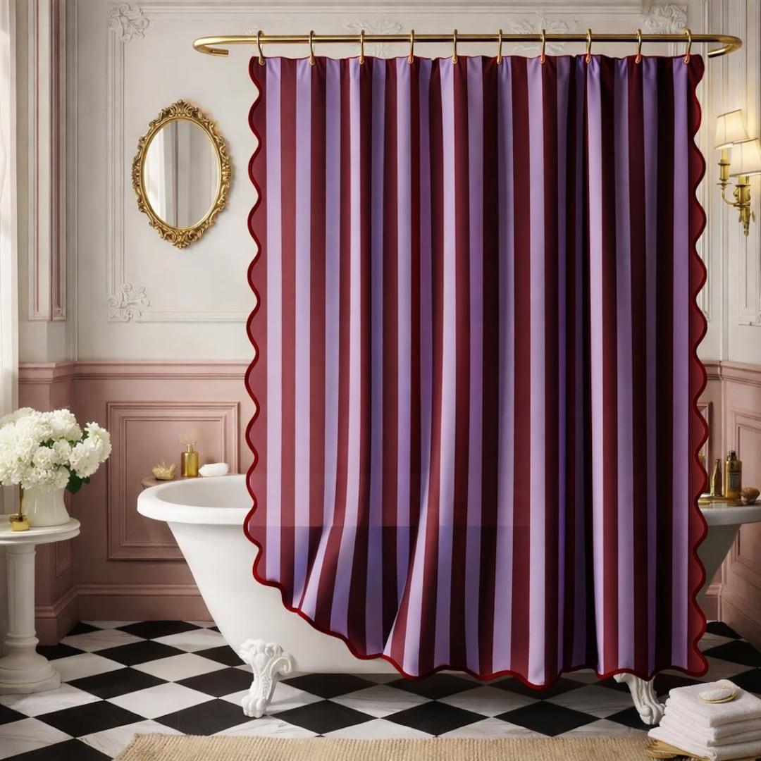 Vintage Striped Shower Curtain for Bathroom, Violet Red Cotton Extra Long, Scalloped Edge Boho Bathroom Decor, Abstract Minimalist Bath