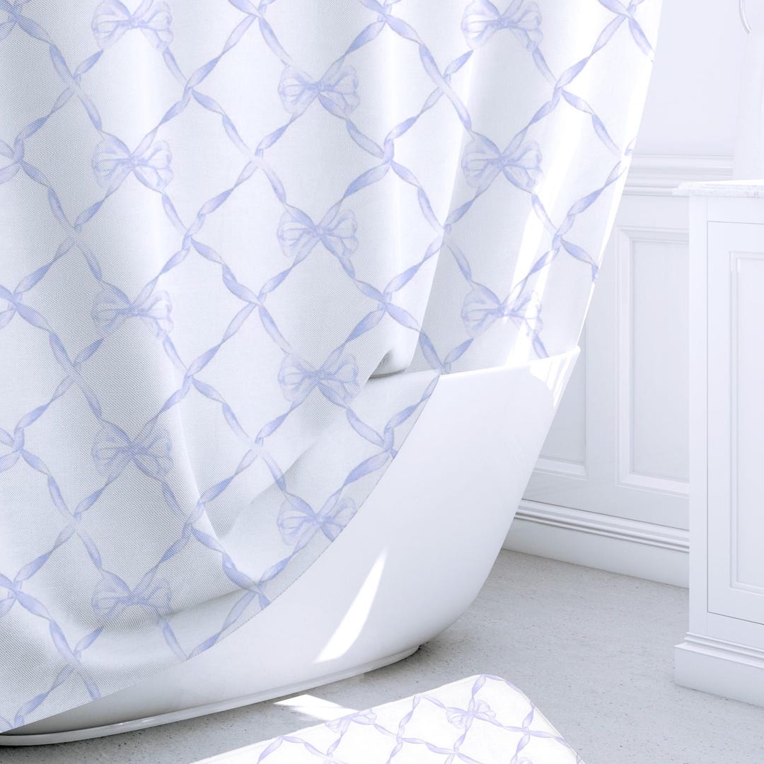Bow Shower Curtain Set Toile Purple and White Ribbon Gift for Girl