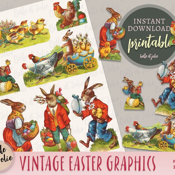 German Diecut Easter Ephemera PNG, Vintage Victorian Easter Clipart, Easter Bunny Printable Stickers, Digital Collage Sheet, Hare Clipart