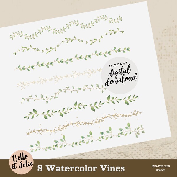 Watercolor Floral Vine Borders SVG PNG, Flower Divider, Wedding Clipart, Floral Element, Doodle Vine Text divider, Wedding Flower Border SVG