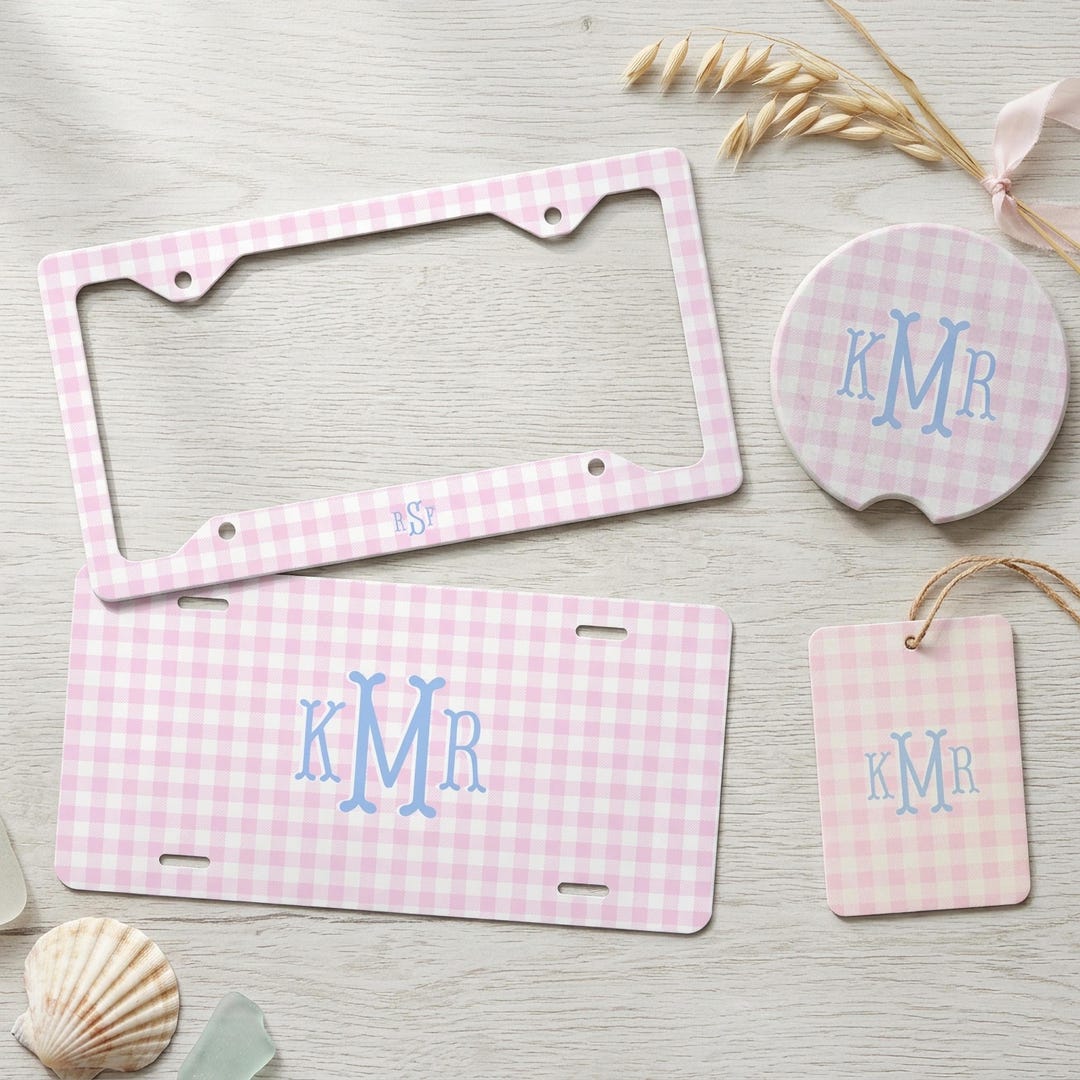 Pink License Frame Pink Gingham License Plate Frame Custom Car Decor Personalized Car ...