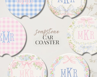 Custom Monogrammed Car Coaster Pink Blue Floral Coquette Grandmillennial Car Decor Personalized Gift for Her Preppy Cute Birthday Gift