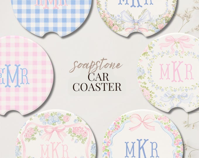 Custom Monogrammed Car Coaster Pink Blue Floral Coquette Grandmillennial Car Decor Personalized Gift for Her Preppy Cute Birthday Gift
