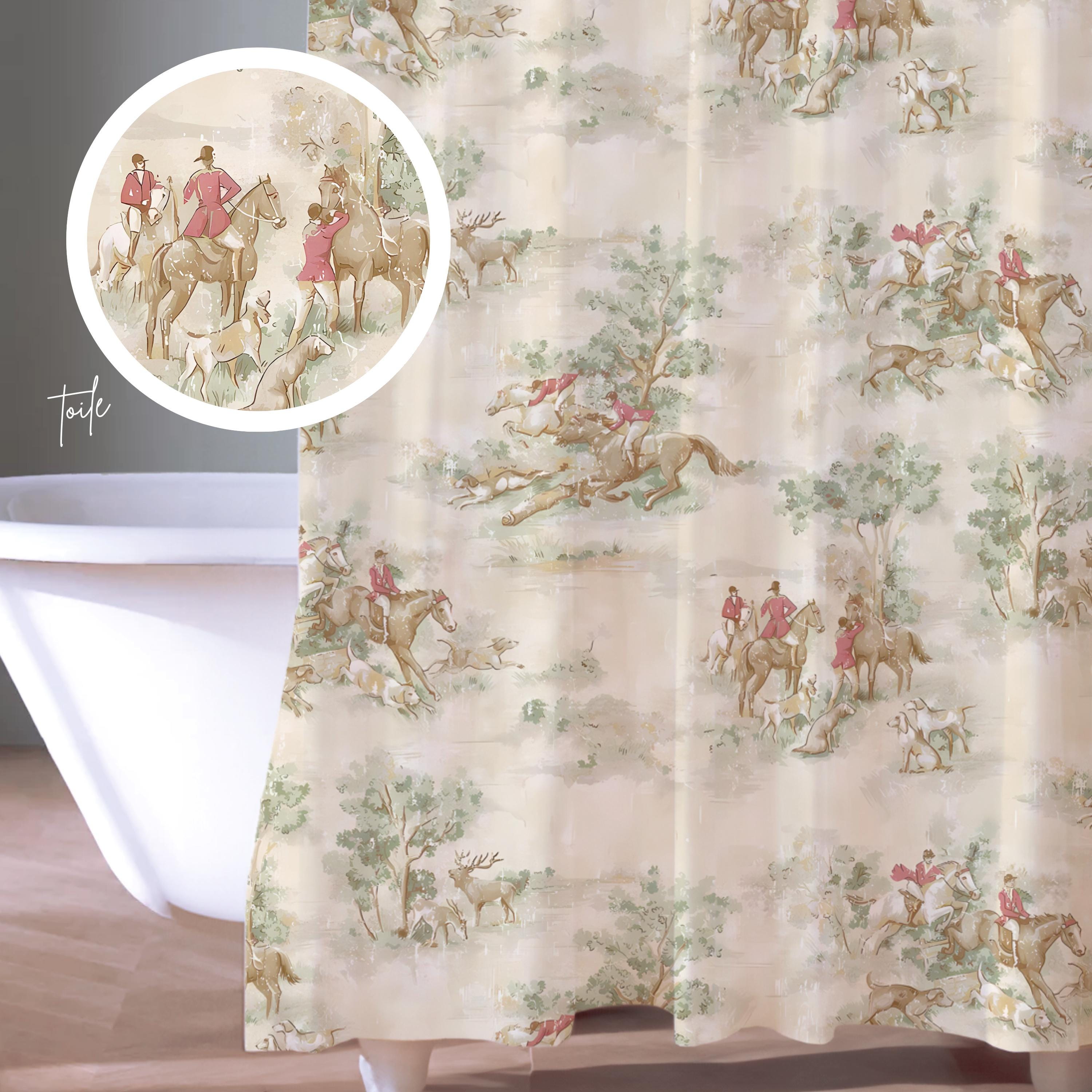 Rustic Toile Shower Curtain English Fox Hunt vintage country print bathroom decor cottagecore equestrian Tally Ho horse lover new home gift