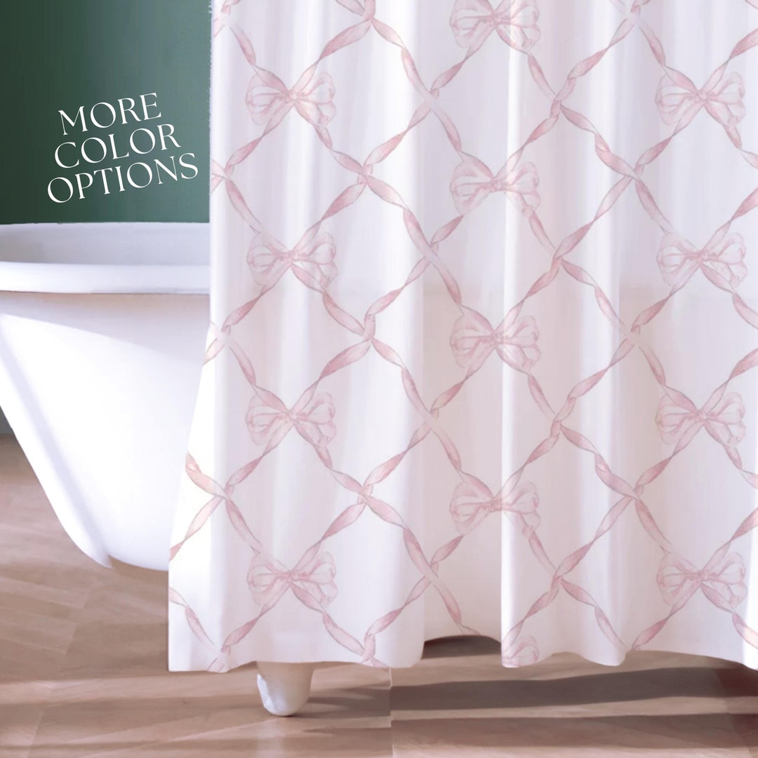 Bow Shower Curtain Toile Set Pink White Ribbon Gift for Girl Coquette