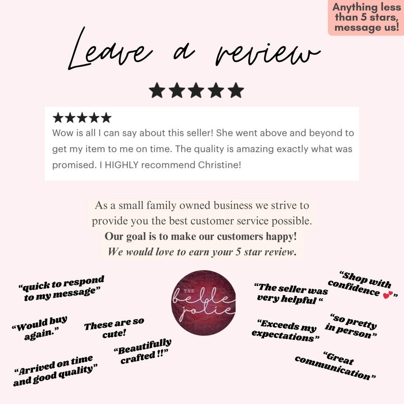 Może przedstawiać: Grafika z recenzjami klient&oacute;w z tekstem "Leave a review" w kursywie. Grafika zawiera ocenę pięciogwiazdkową, referencje klient&oacute;w i frazy takie jak "quick to respond", "beautifully crafted" i "great communication".