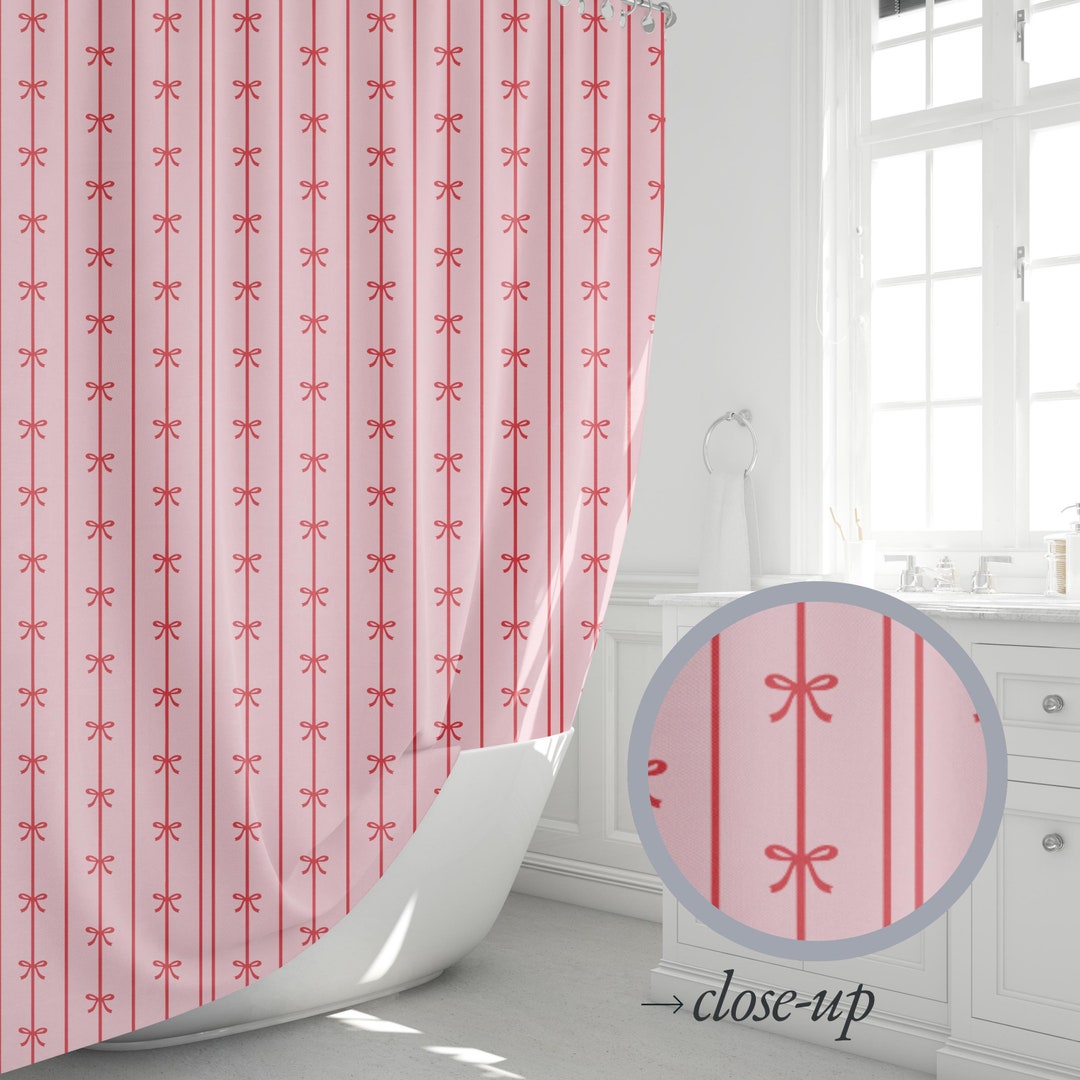 Pink Bow Shower Curtain Retro Stripe Drapery Panel Gift for Her Coquette Preppy Chic Bathroom ...