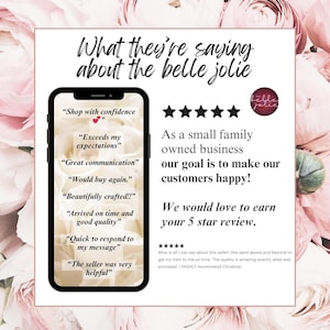 K&ouml;nnte beinhalten: Eine Grafik mit dem Text What they&rsquo;re saying about the belle jolie &uuml;ber einem Smartphone-Bildschirm, der Kundenbewertungen zeigt. Rechts befinden sich f&uuml;nf schwarze Sterne &uuml;ber einem Text &uuml;ber das Ziel der Kundenzufriedenheit.