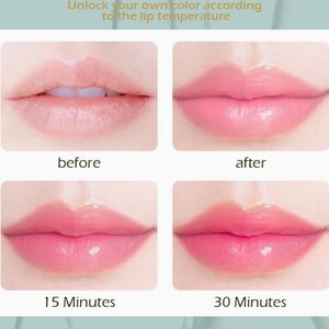K&ouml;nnte beinhalten: Nahaufnahme, die die Farbver&auml;nderung der Lippen nach dem Auftragen eines Lippenbalsams zeigt. Das Bild zeigt die Lippen vor dem Auftragen des Balsams, direkt nach dem Auftragen und 15 bzw. 30 Minuten nach dem Auftragen. Der Lippenbalsam ver&auml;ndert seine Farbe je nach Temperatur der Lippen.
