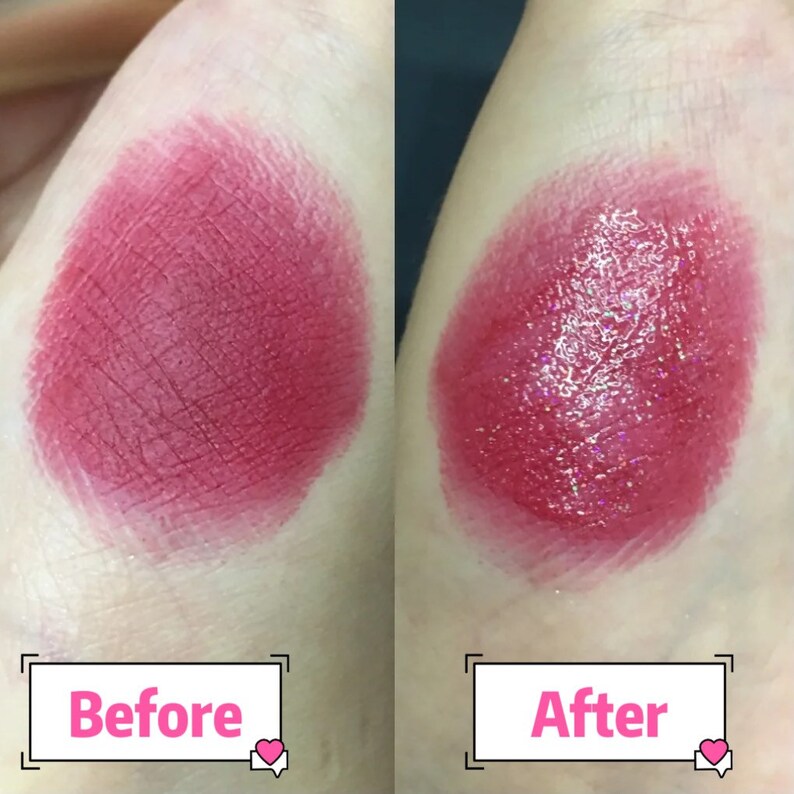 May include: A close-up of a red lipstick swatch before and after application. The lipstick is a deep red color with a slight shimmer. The swatch on the left is matte, while the swatch on the right is glossy.