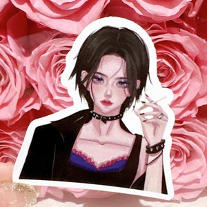 May include: A sticker featuring a digital illustration of a woman with short black hair, wearing a black jacket, a dark blue top with a pink trim, and a silver choker necklace. She is holding a cigarette in her right hand and has a serious expression on her face.