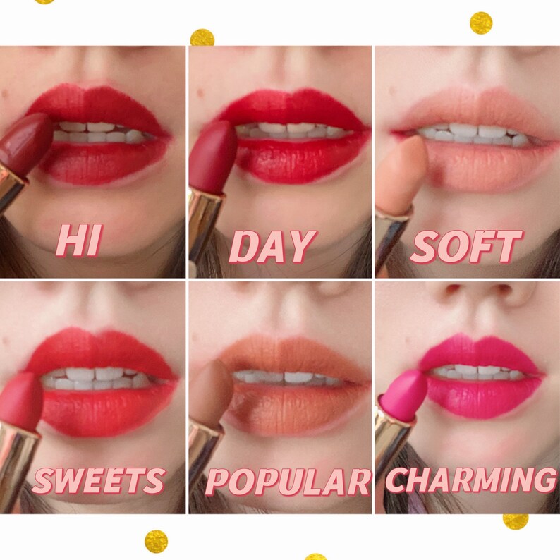 May include: Six different lipstick shades on a person's lips. The shades are labeled "HI", "DAY", "SOFT", "SWEETS", "POPULAR", and "CHARMING".